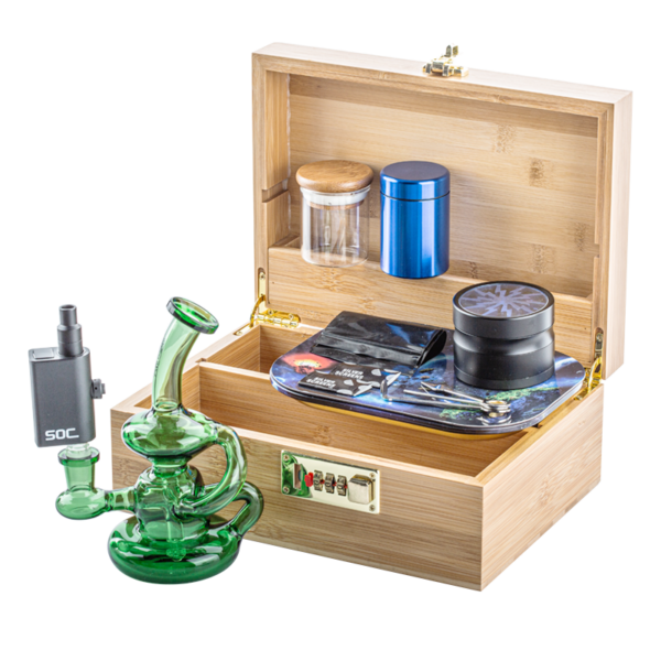 Bamboo Stash Box Combo w/ Recycle Dab Rig Tokes Vaporizer Set For Sale