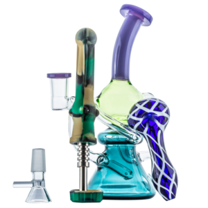 Colored Recycler Glass Dab Rig w/ Blue Pipe Nectar Collector Set Sale