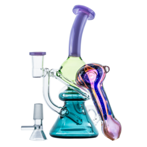 Colored Recycler Glass Dab Rig w/ Fumed Purple Spoon Pipe Set For Sale