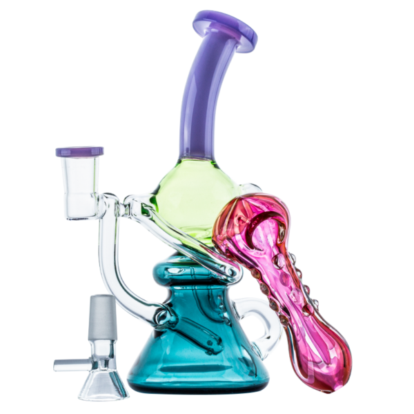Colored Recycler Glass Dab Rig w/ Pink Girly Fumed Spoon Pipe Set Sale