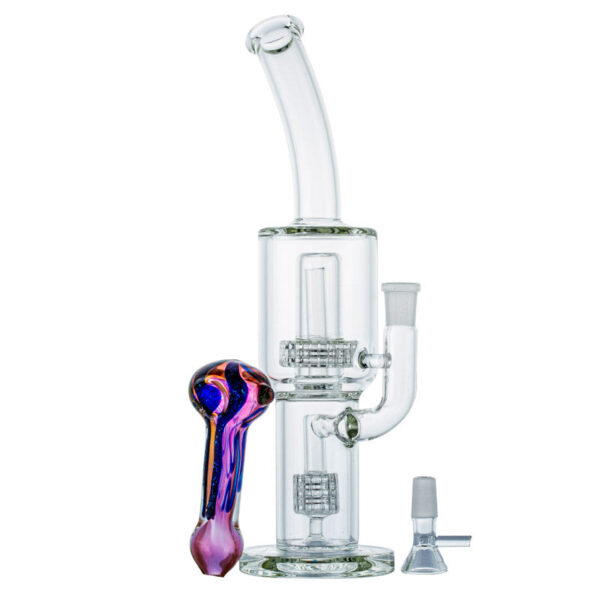Double Matrix Perc Glass Bong w/ Fumed Glass Spoon Pipe Set For Sale