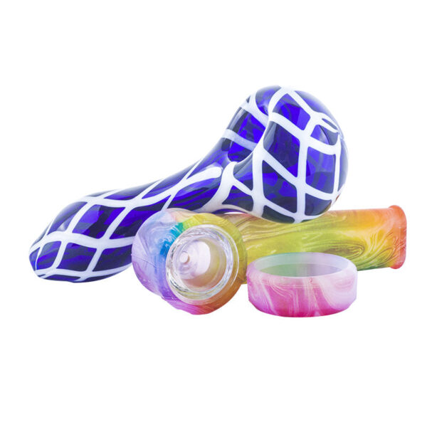 Handmade Blue Glass Spoon Pipe w/ Glow-In-The-Dark Silicone Pipe Set