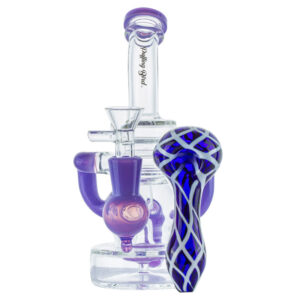 Recycler Showerhead Dab Rig w/ Blue Glass White Stripes Set For Sale
