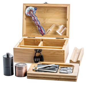 Retro Stash Box Lock w/ Fumed Glass Pipe Quartz Banger Set | For Sale