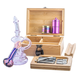 Wooden Stash Box Lock w Dab Rig Fumed Glass Spoon Pipe Set For Sale