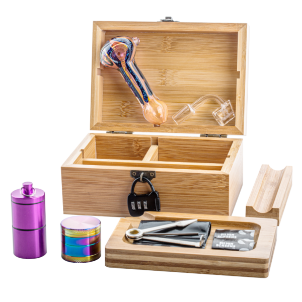 Wooden Stash Box Lock w/ Fumed Glass Pipe Quartz Banger Set | Sale