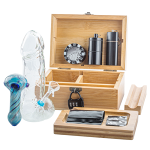 Wooden Stash Box Lock w/ Penis Bong Glass Pipe Set | Free NZ Shipping