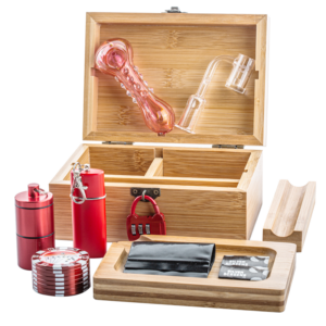 Wooden Stash Box Lock w/ Pink Glass Pipe Quartz Banger Set For Sale