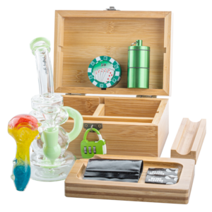 Wooden Stash Box Lock w/ Recycler Dab Rig Glass Pipe Set | For Sale