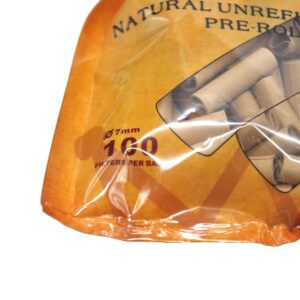 Natural Unrefined Rolling Paper Filter Tips – 7mm Pre-Rolled Tips (100 Tips per Resealable Bag)